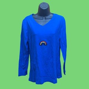 Faded Glory Vibrant Blue Long Sleeve Top with Rainbow Appliqué T-Shirt Woman’s M